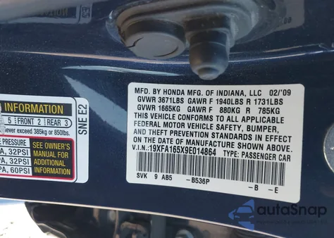 2009 Honda Civic Lx из США, поврежденный, VIN 19XFA165X9E014864